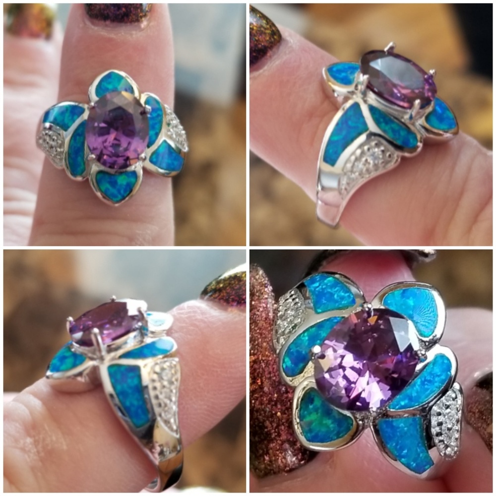 Genuine 3ct Amethyst & Australian Opal Ring Size 9 - Picture 3 of 5